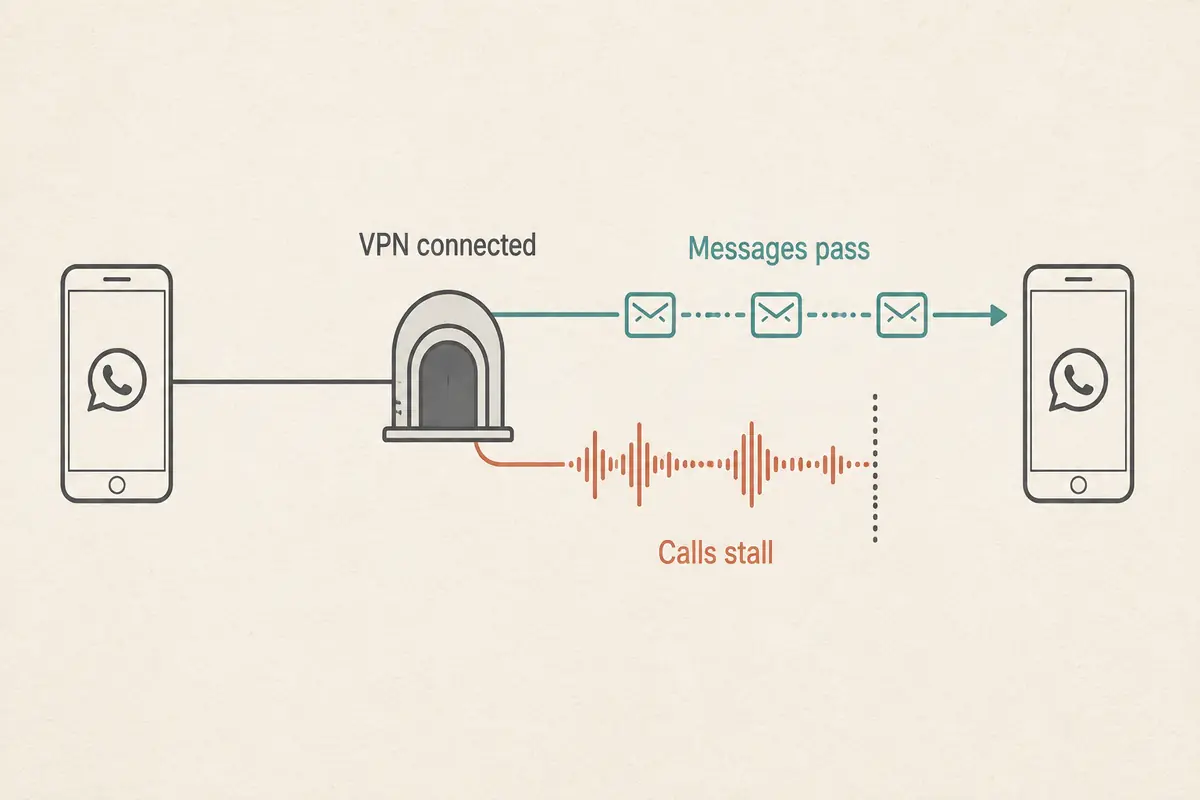 Diagram showing WhatsApp messages passing through a connected VPN while real-time call traffic stalls