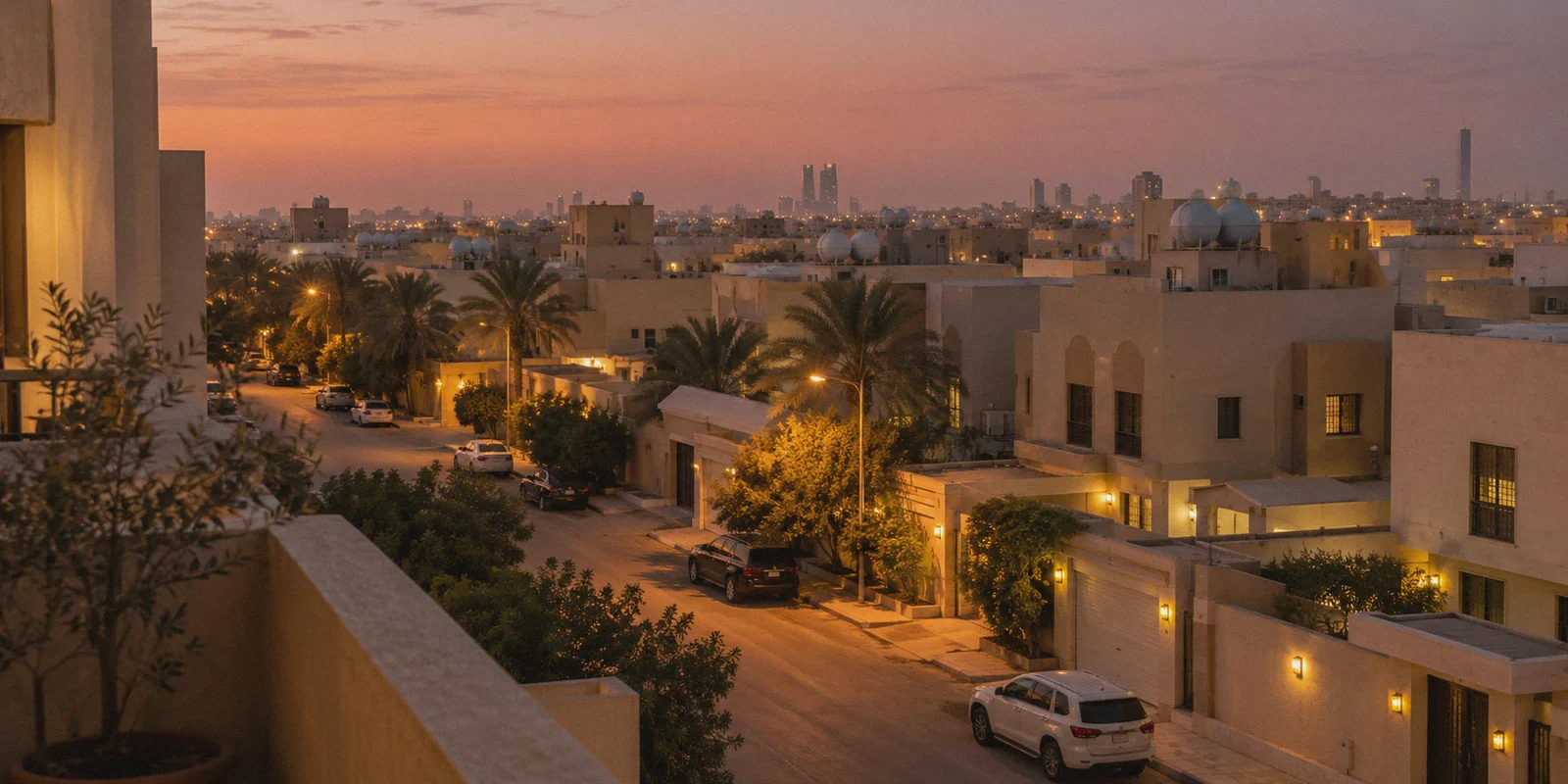 Riyadh residential street seen from an apartment balcony at dusk.
