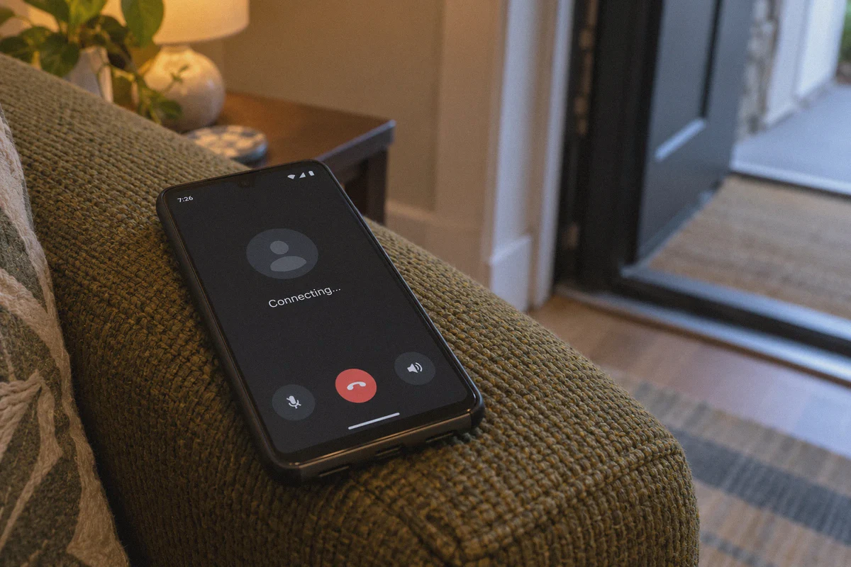 Phone displaying a connecting voice call near an apartment doorway.