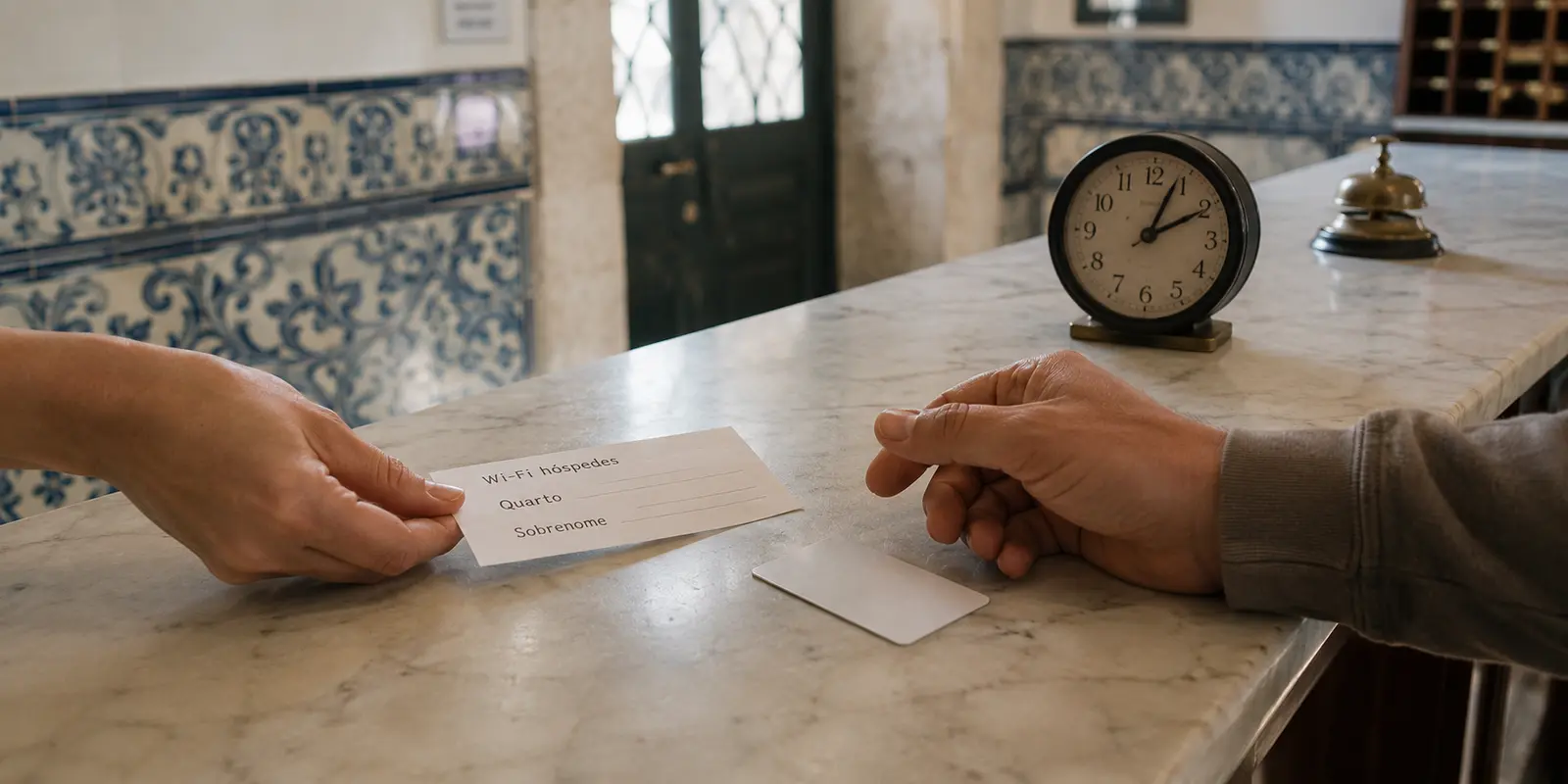 Hóspede recebendo os dados de acesso ao Wi-Fi na recepção de um hotel em Portugal