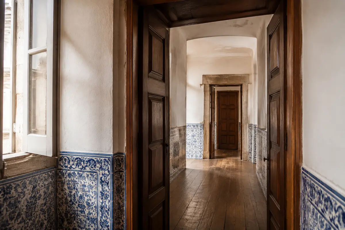 Duas portas sucessivas em um corredor de hotel português, com a primeira já aberta