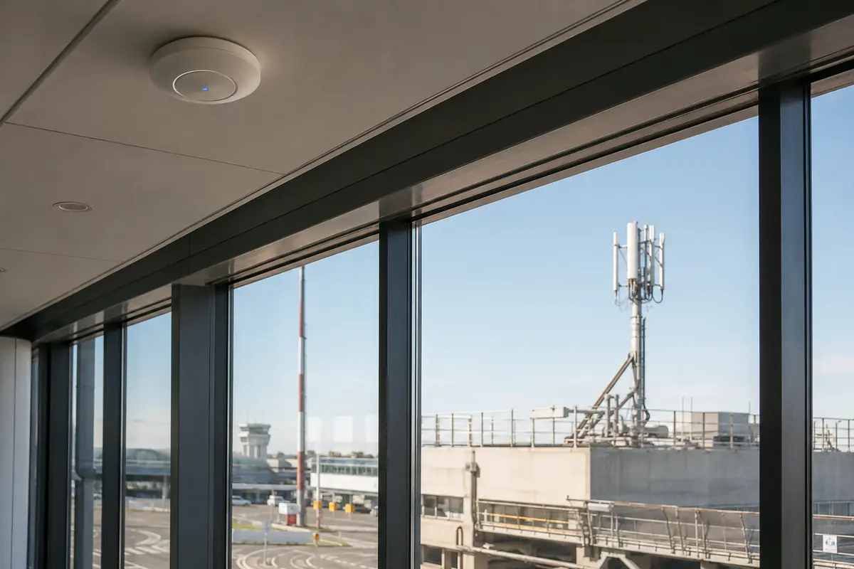 Point d’accès Wi-Fi dans un terminal avec une antenne mobile visible à l’extérieur