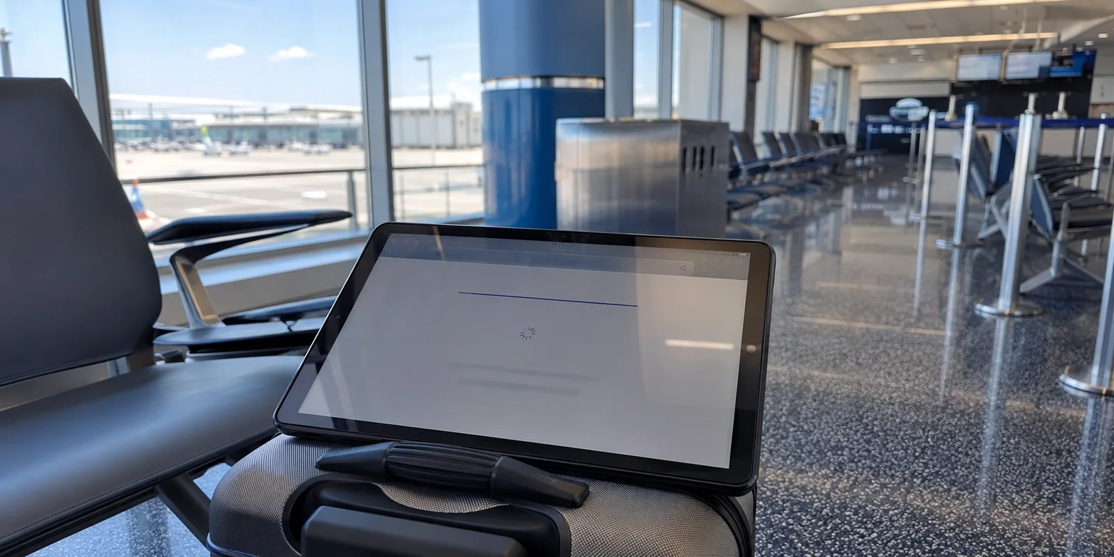 Tableta esperando el portal de acceso del Wi-Fi en una sala del aeropuerto de Miami