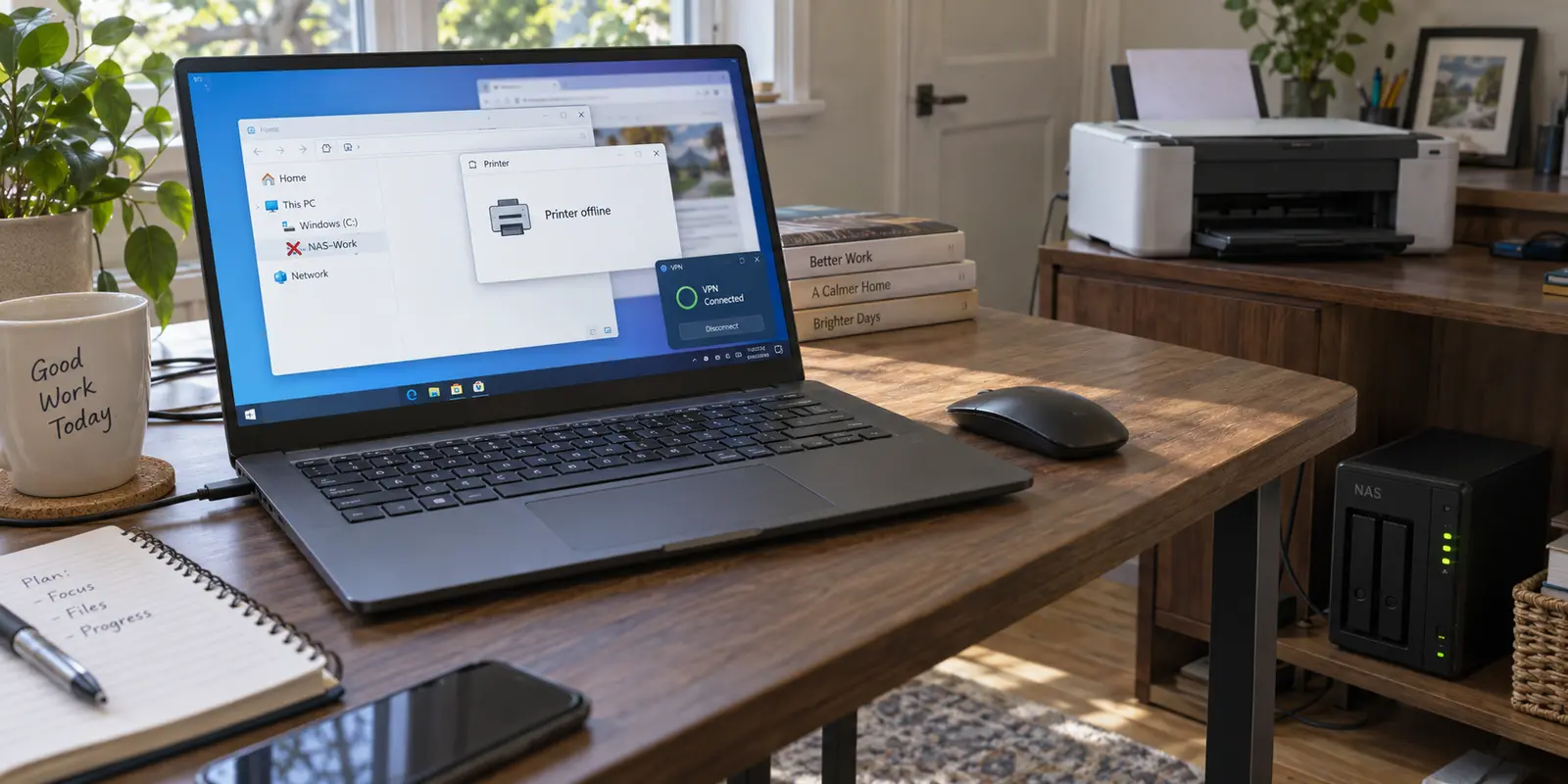 A Windows laptop showing a connected VPN while its network printer is offline and the NAS drive is unavailable