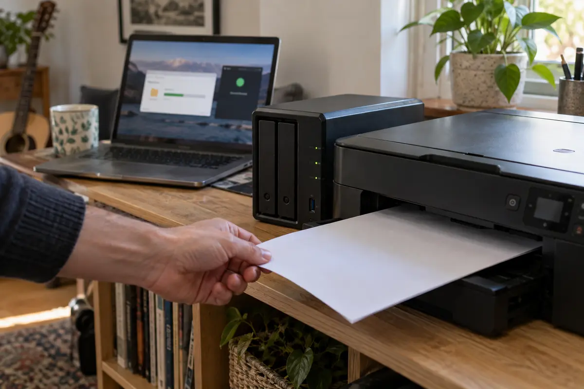 A network printer producing a test page while the NAS and connected VPN remain active