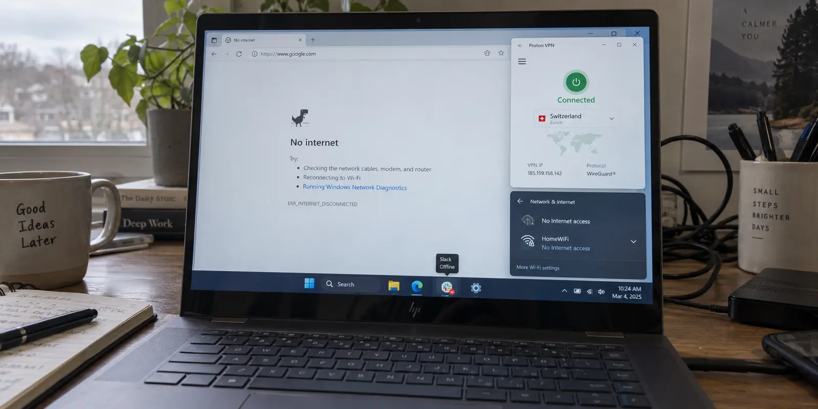 A Windows laptop shows a VPN connected while the browser and network panel report no internet