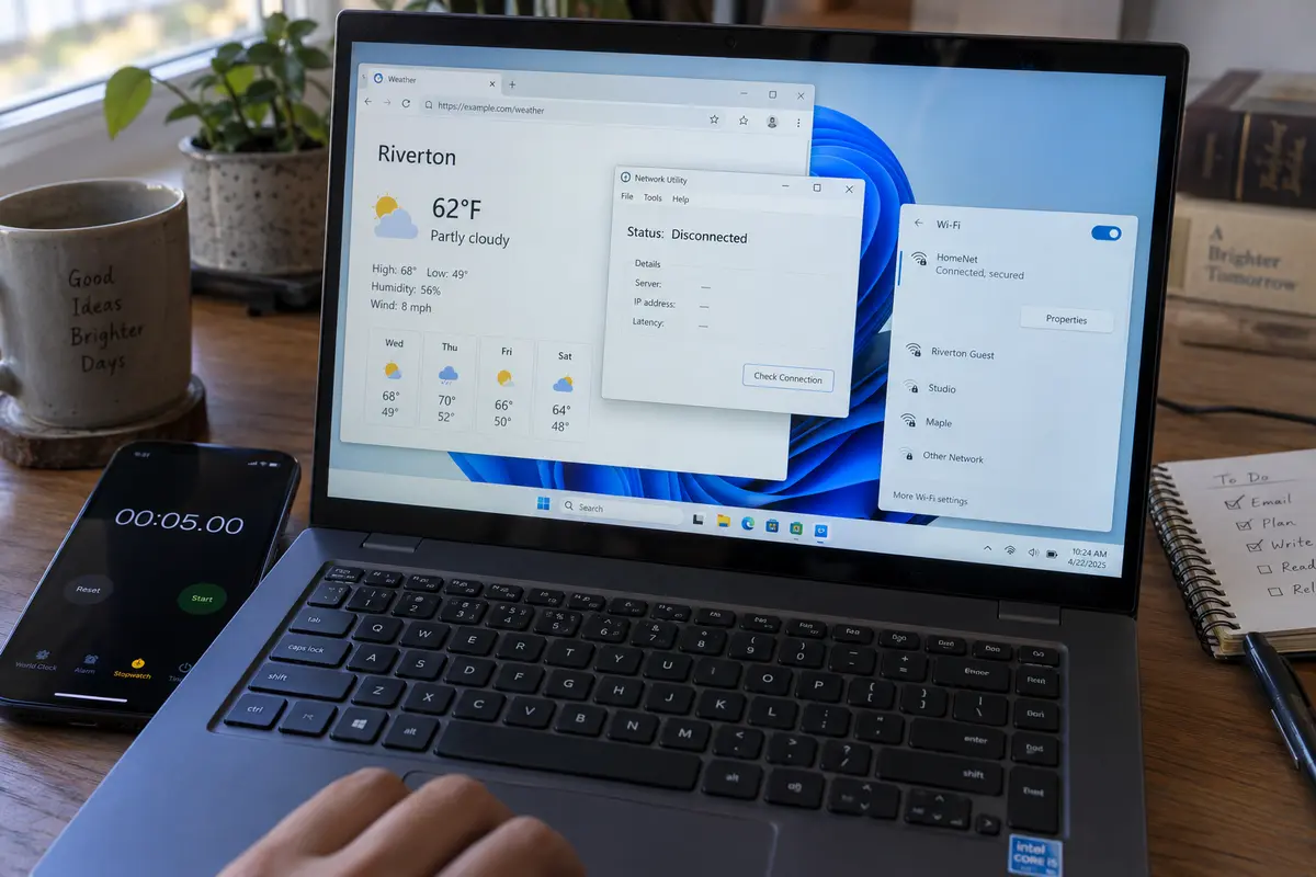 A Windows laptop loads a weather page after the network utility is disconnected while Wi-Fi remains connected