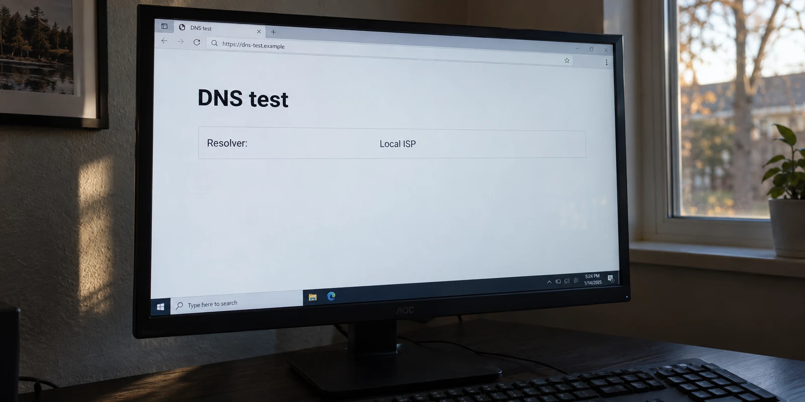 A Windows browser DNS test reporting a local ISP resolver.