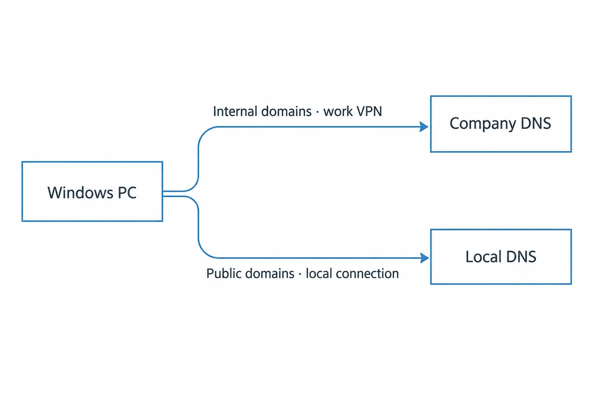 Split DNS routes internal domains through the work VPN and public domains through the local connection.