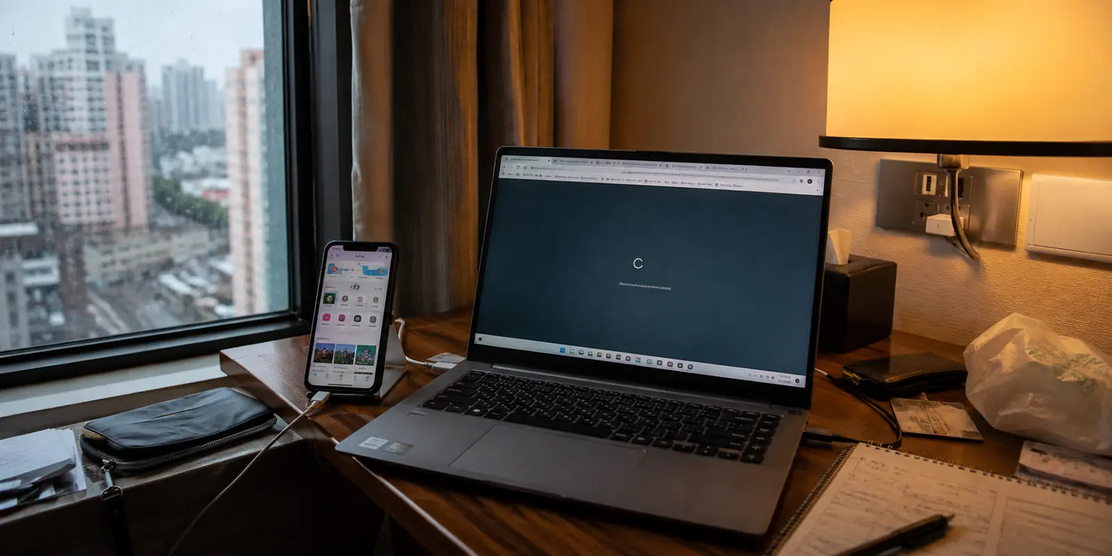 Un teléfono Android con conexión activa junto a un portátil Windows bloqueado en una habitación de hotel en Shanghái