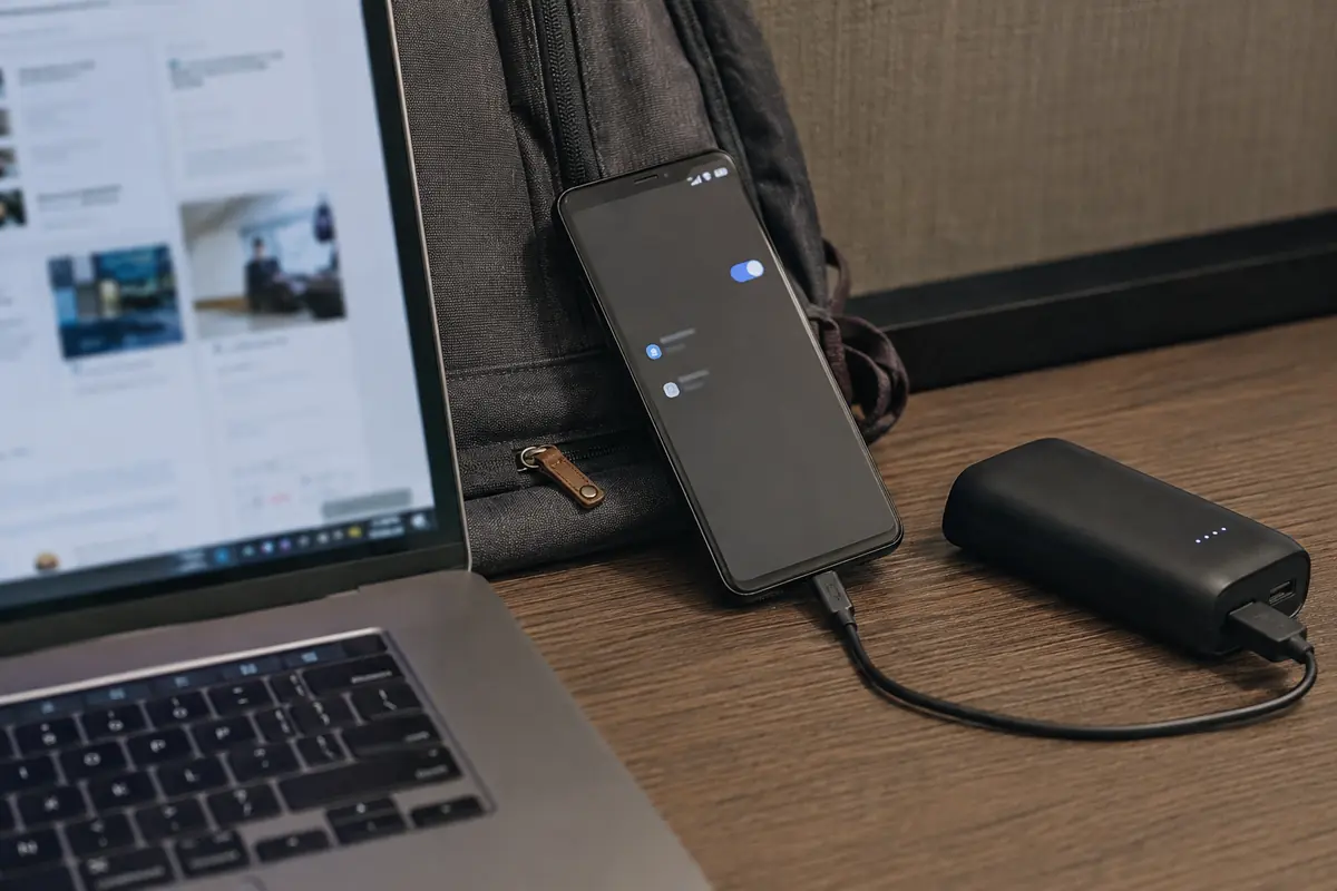 Teléfono Android compartiendo datos con un portátil Windows junto a un cargador portátil