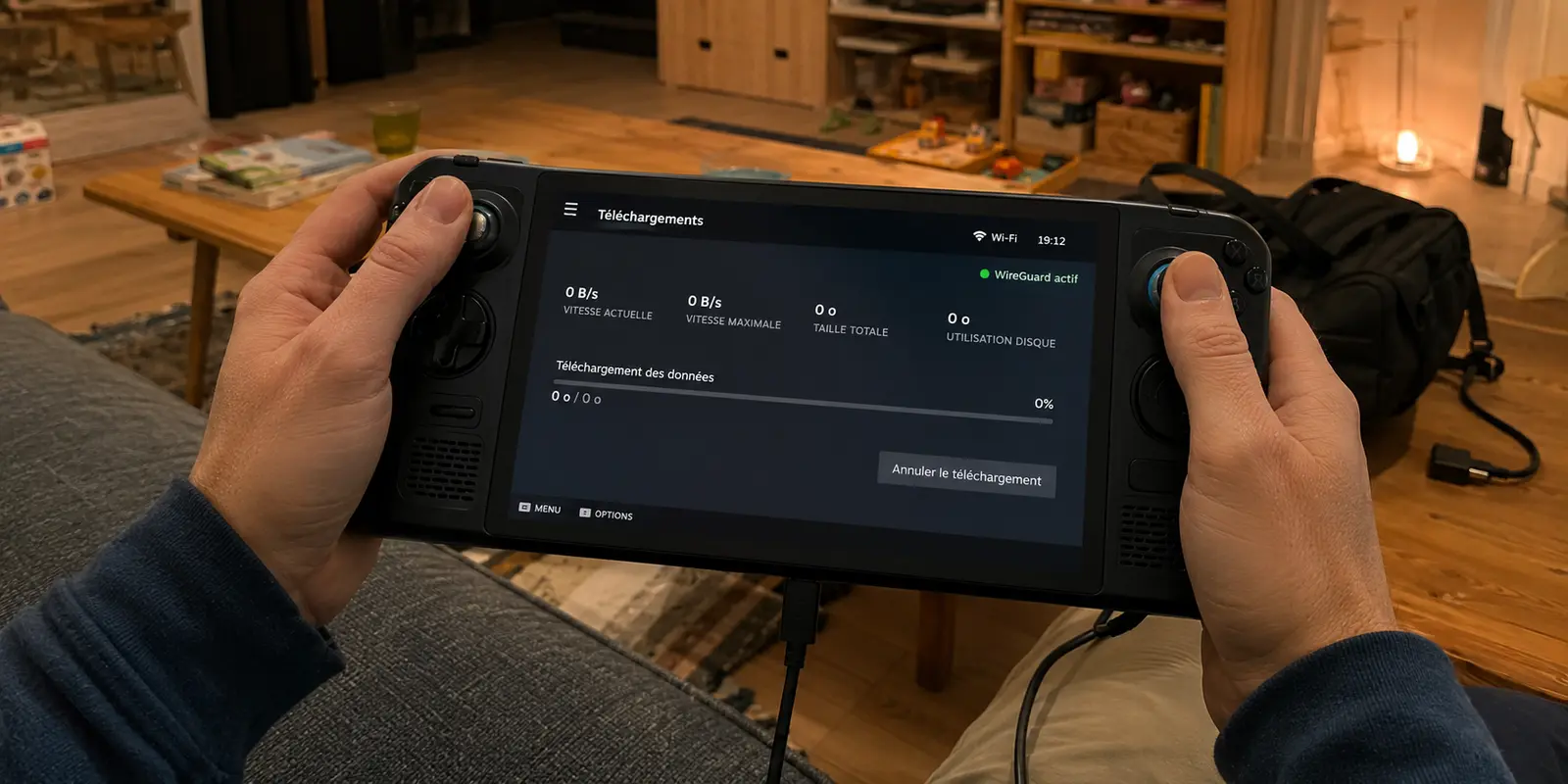 Le téléchargement d’un jeu reste à zéro sur une console portable malgré le Wi-Fi et WireGuard actifs.