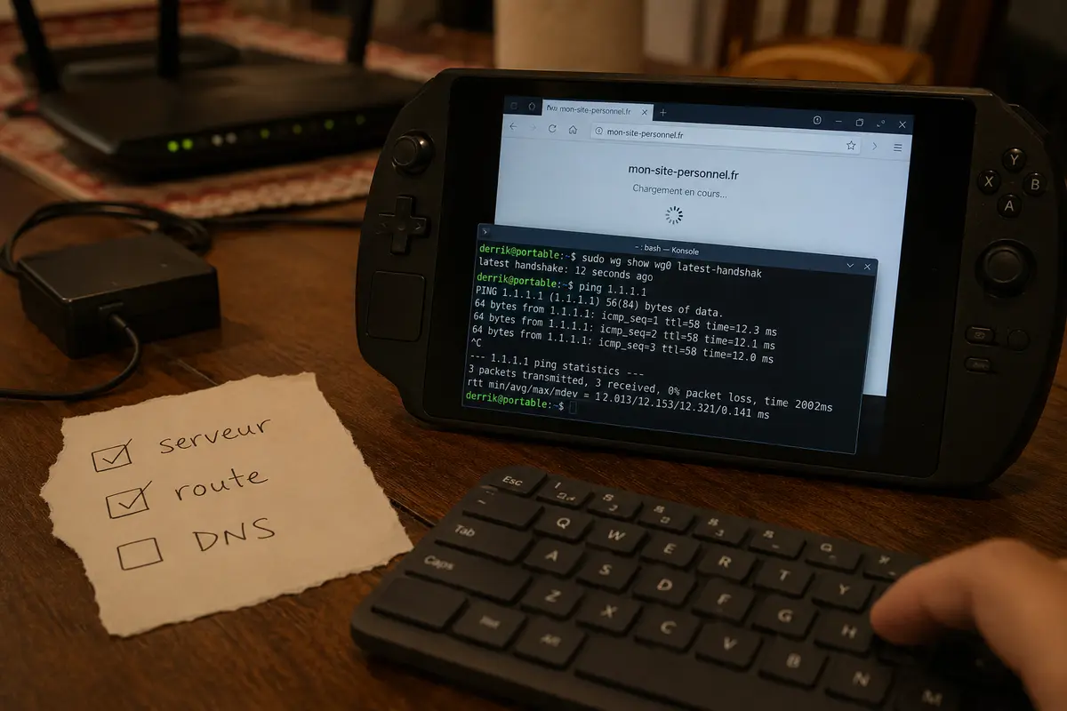 Le terminal de la console confirme le serveur et la route IP tandis que le navigateur attend encore la résolution DNS.