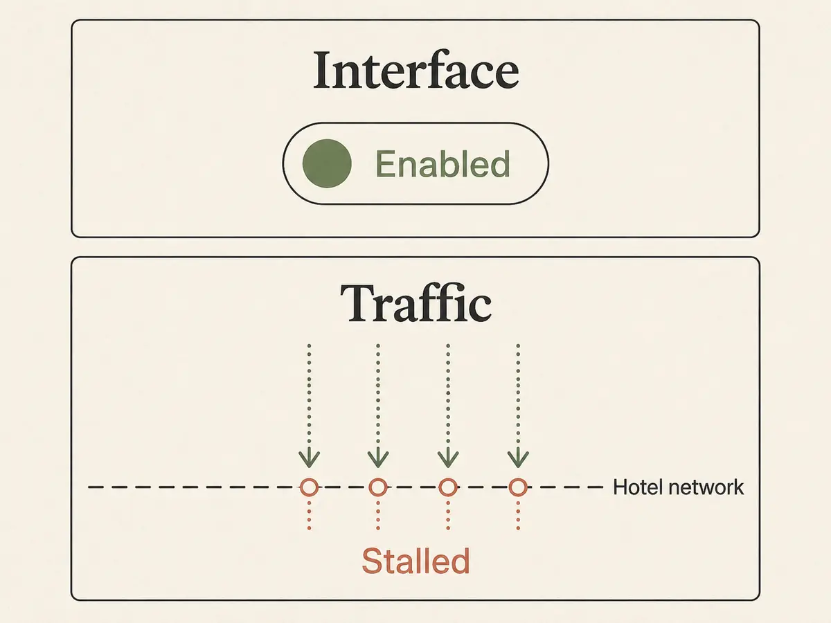 Diagram comparing an enabled VPN interface with application traffic stalled at the hotel network