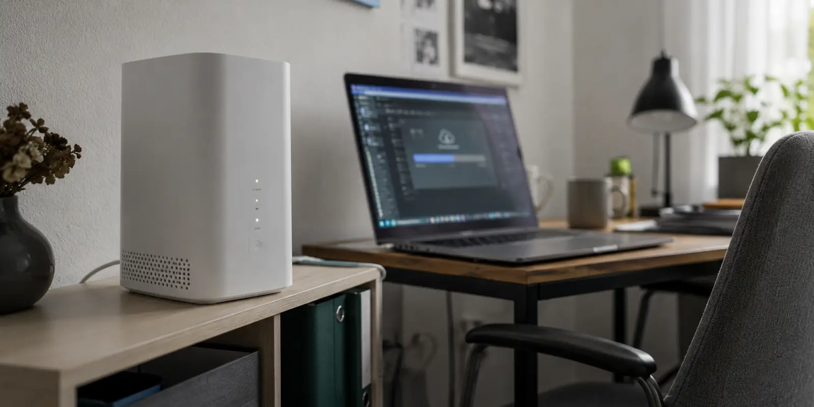Ein aktiver 5G-Heimrouter vor einem Laptop, auf dem ein Cloud-Upload trotz bestehender Verbindung festhängt