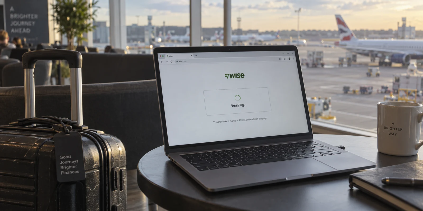 Wise remains at a verification screen on a laptop in an airport lounge.