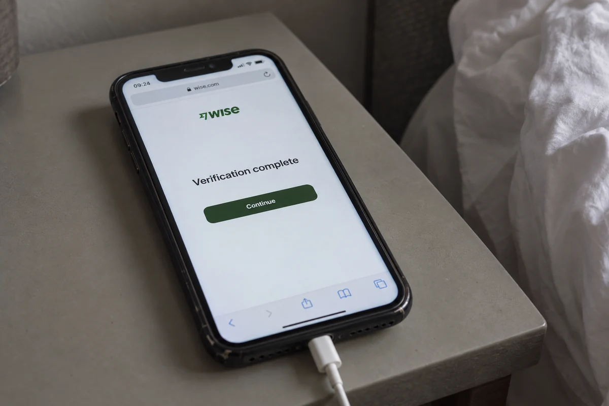 A Wise verification checkpoint is complete on a phone screen.