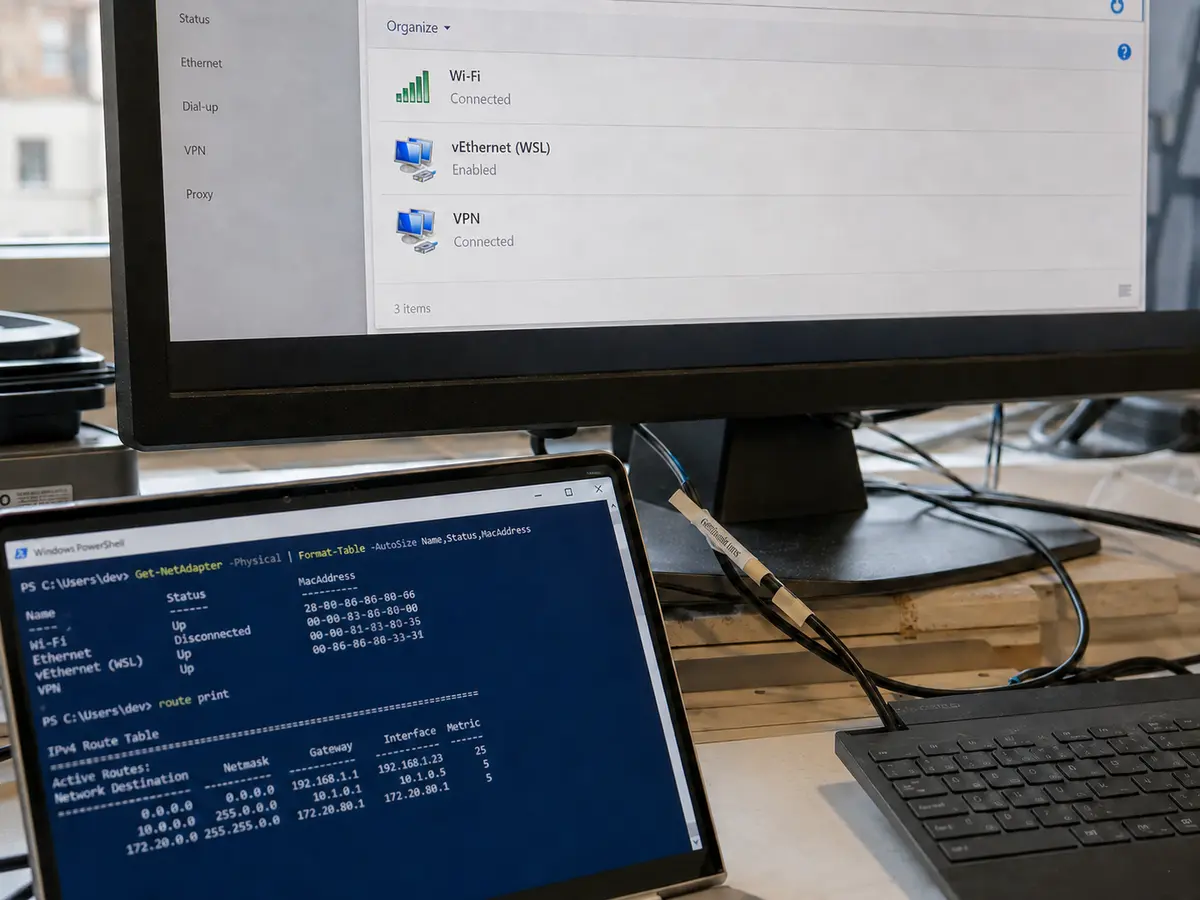 Les interfaces Wi-Fi, VPN et vEthernet WSL apparaissent côte à côte dans les réglages réseau Windows