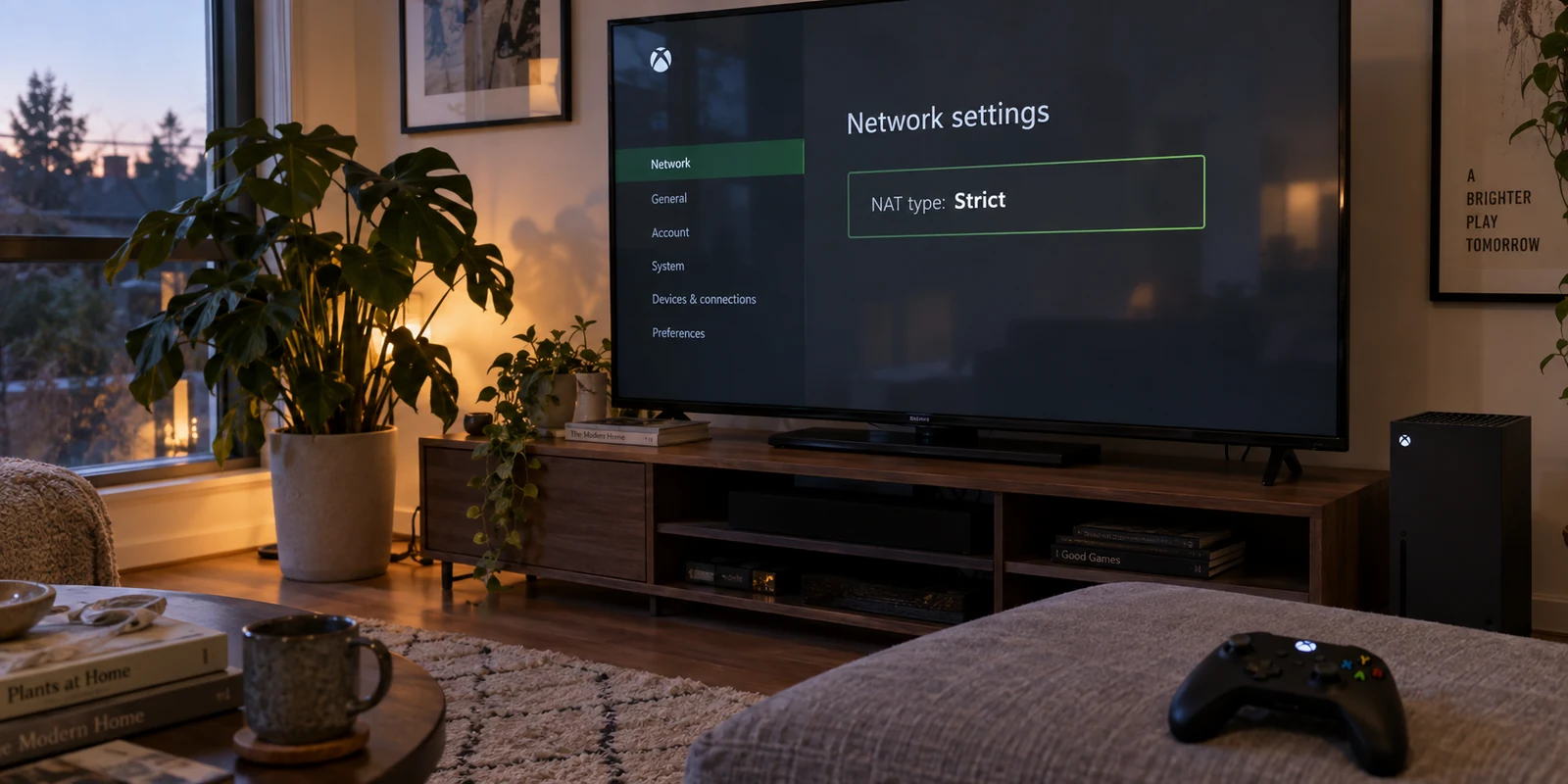 An Xbox network settings screen reporting Strict NAT on a living-room television.