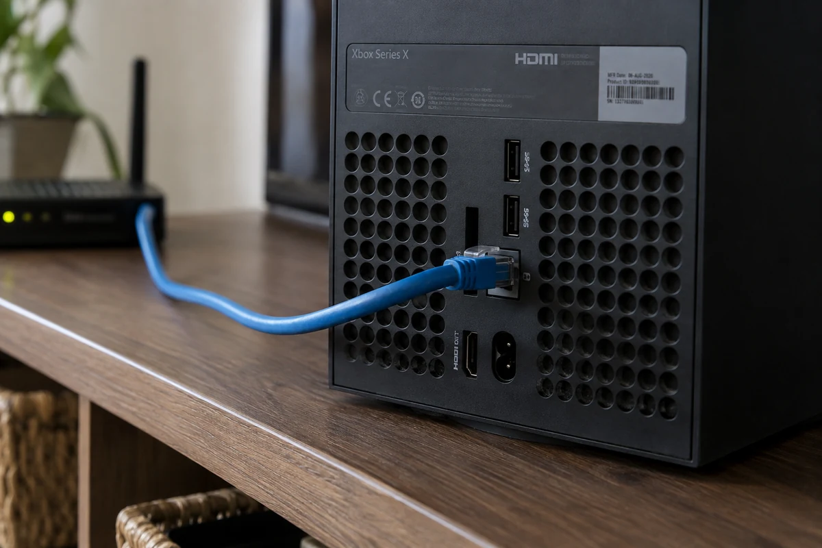 An Ethernet cable connected to the back of an Xbox Series X.