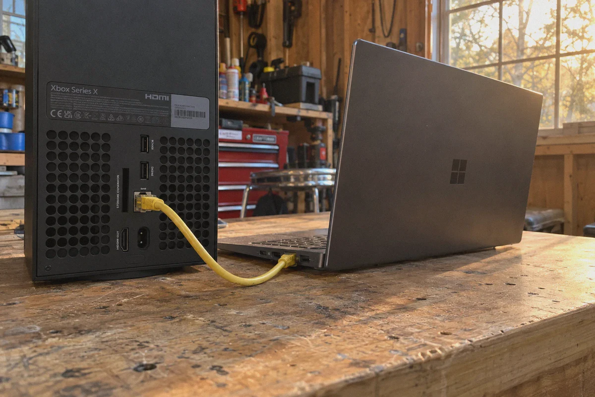 Ethernet cable linking an Xbox and a laptop.