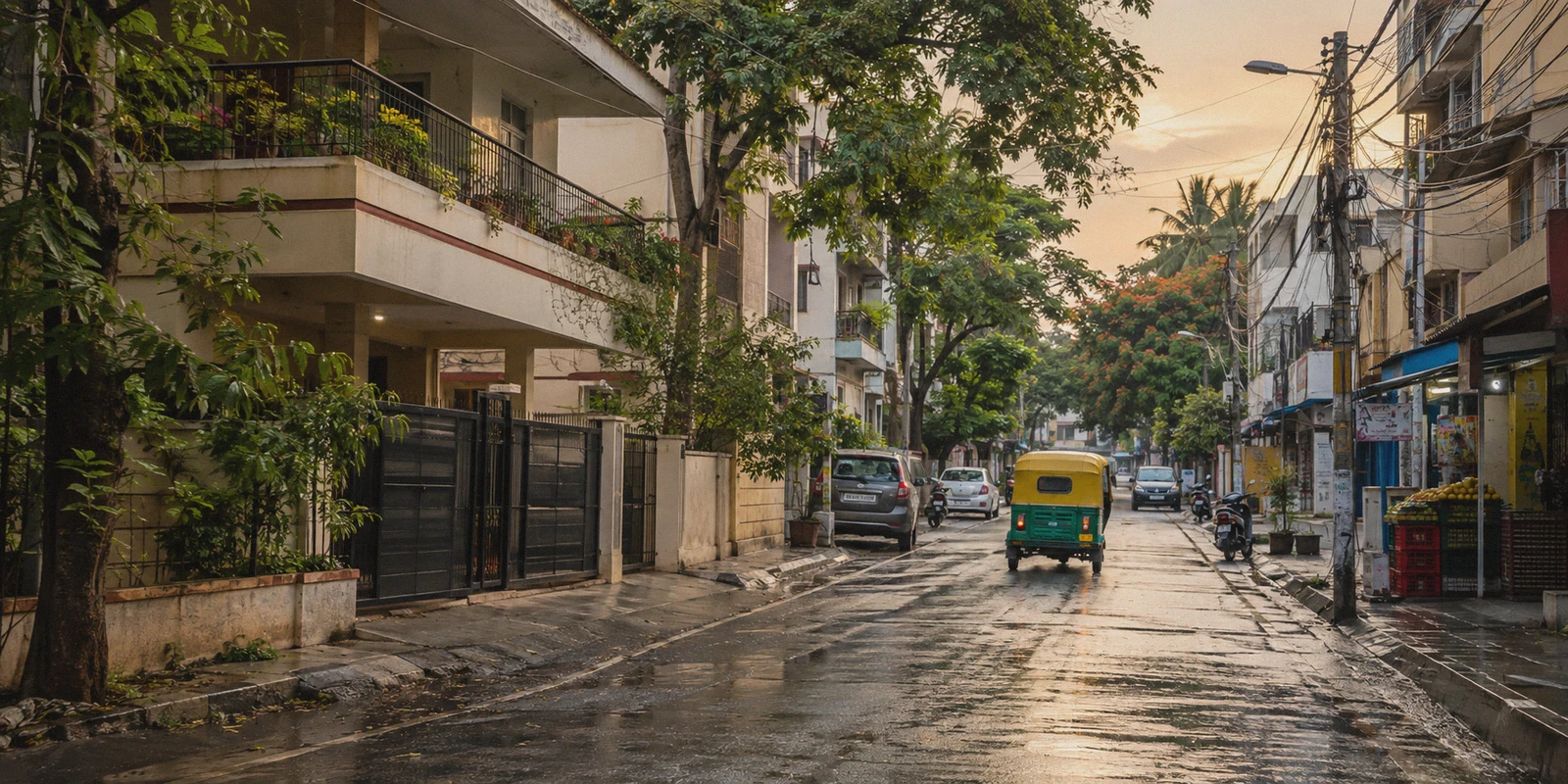 Residential street and auto rickshaw in Bengaluru.