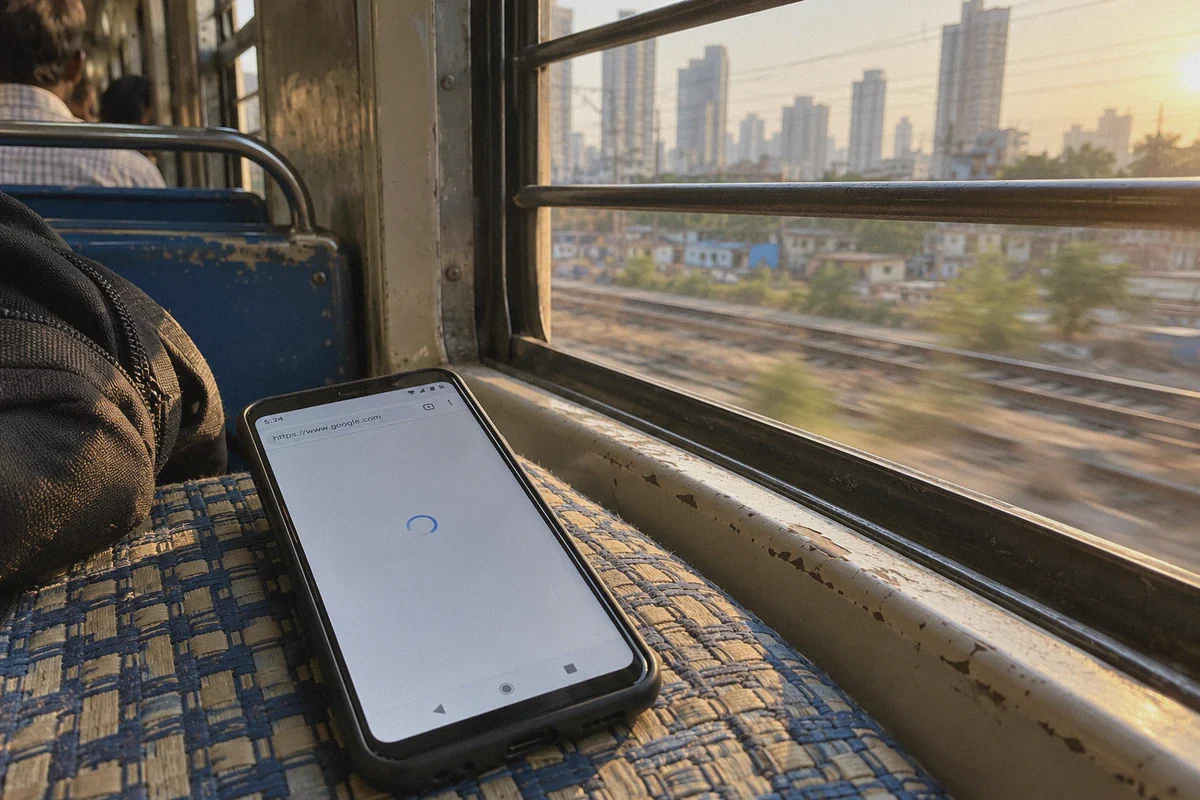 Phone buffering beside a commuter-train window.