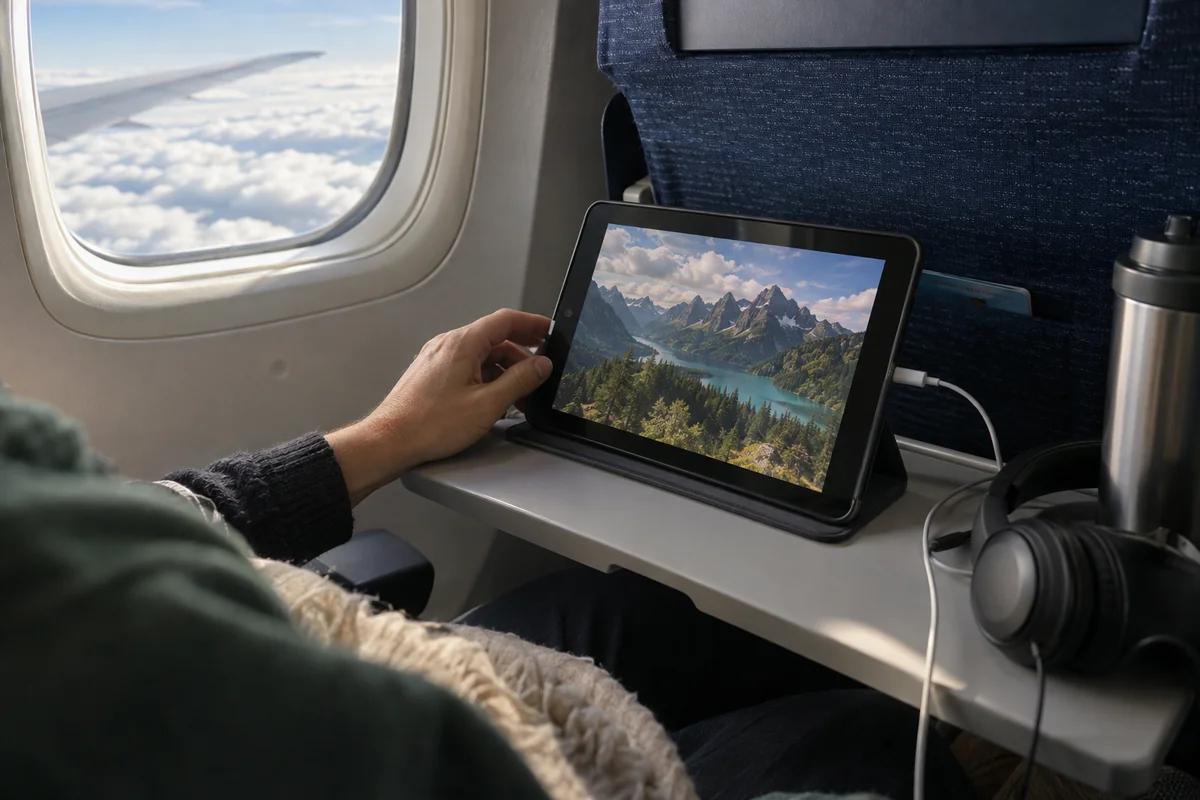 A traveler watches a downloaded video on a tablet during a flight