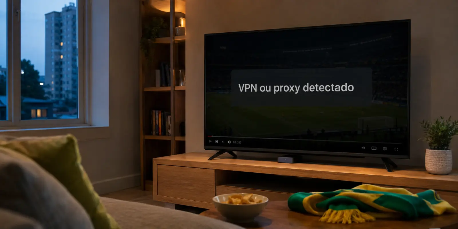 Uma televisão interrompe a transmissão brasileira com o aviso de VPN ou proxy detetado