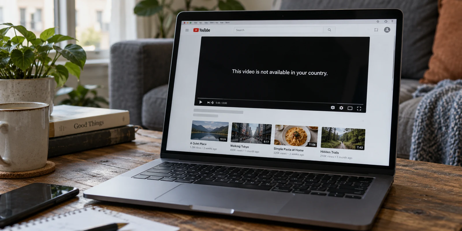 A laptop showing a country restriction in the YouTube video player.