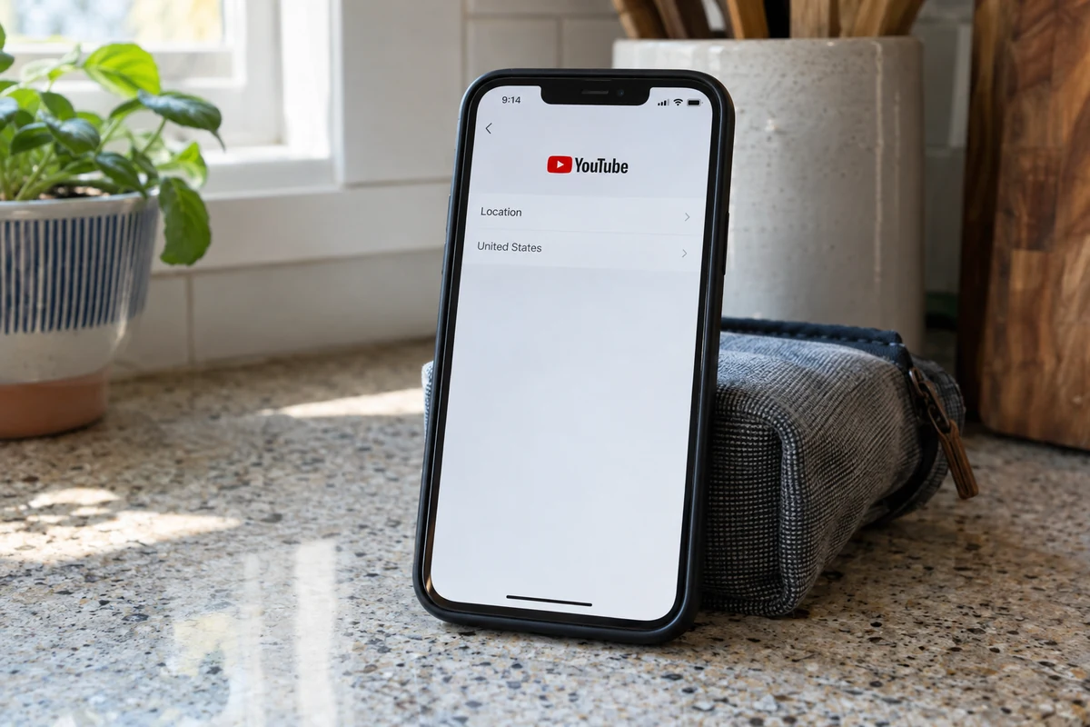 A phone showing the YouTube location preference set to United States.