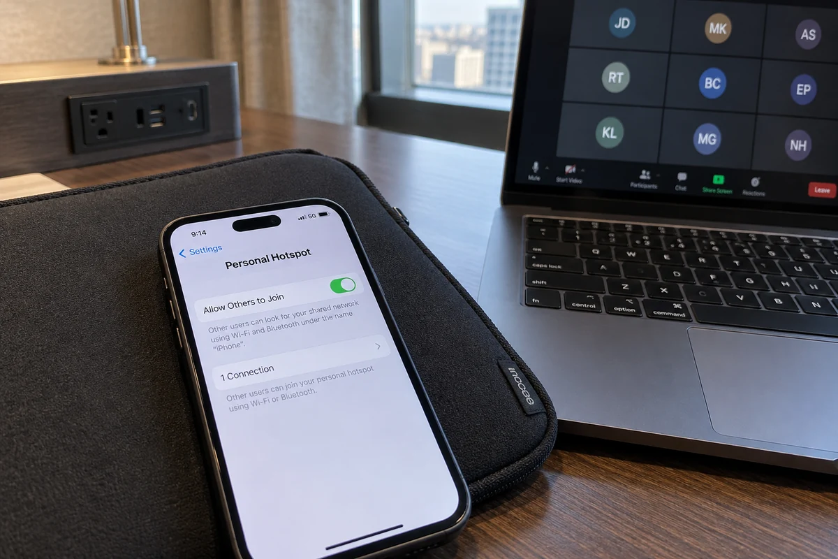 A laptop meeting uses a phone hotspot in a hotel work alcove.