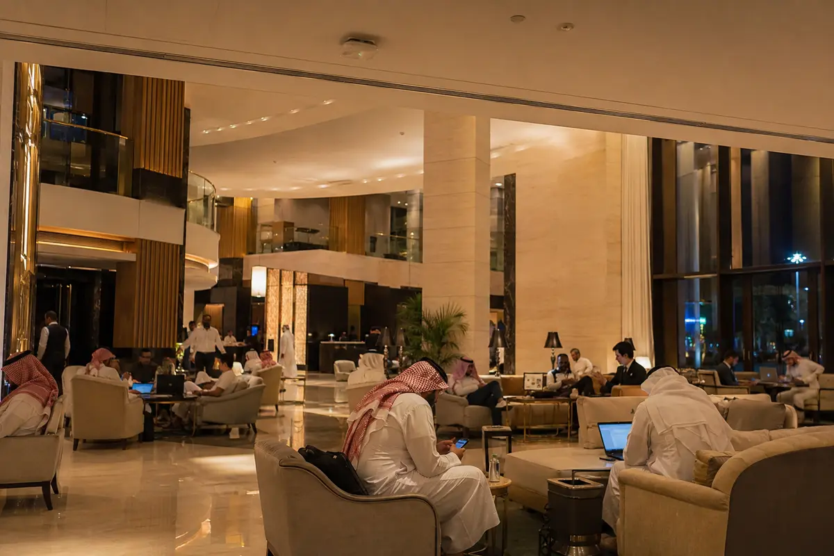 ردهة فندق مزدحمة في الرياض يستخدم ضيوفها شبكة Wi-Fi المشتركة
