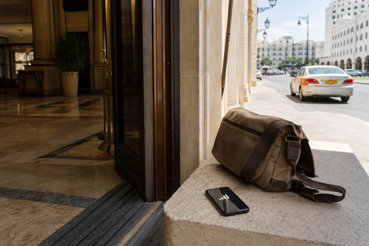 حقيبة عمل وهاتف عند مدخل فندق في مسقط