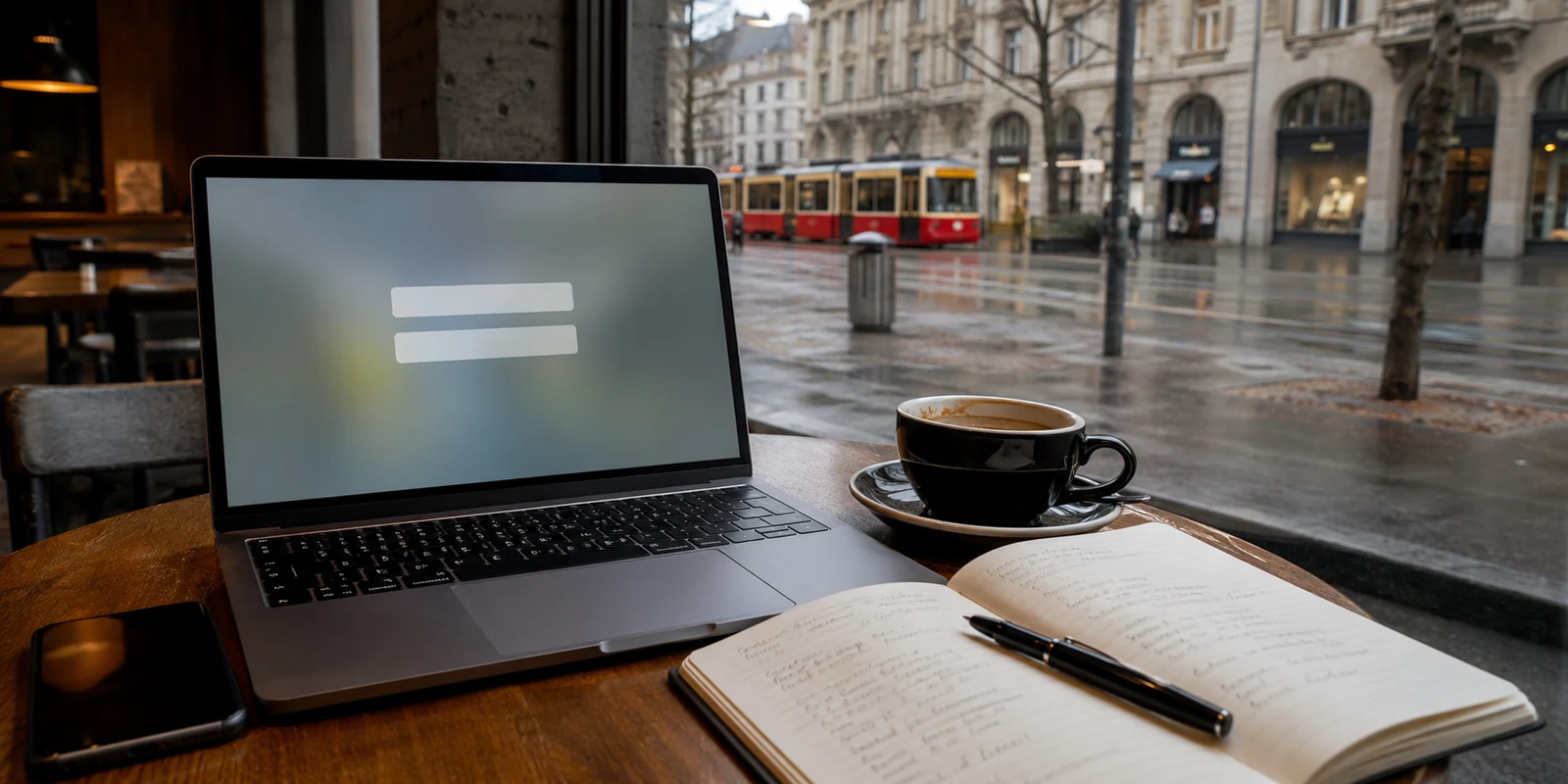 Laptop mit Anmeldemaske in einem Zürcher Café bei Regen und vorbeifahrender roter Tram