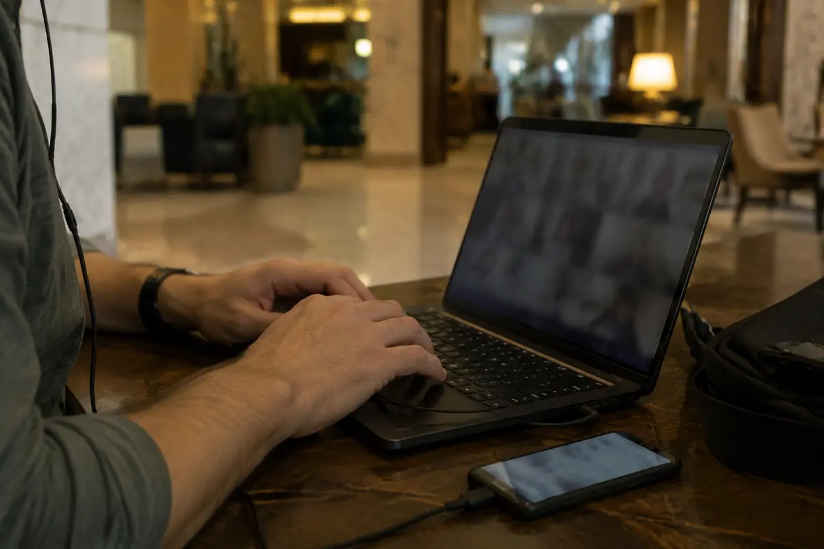 مسافر يواصل العمل على حاسوب محمول وهاتف بجواره في ردهة فندق