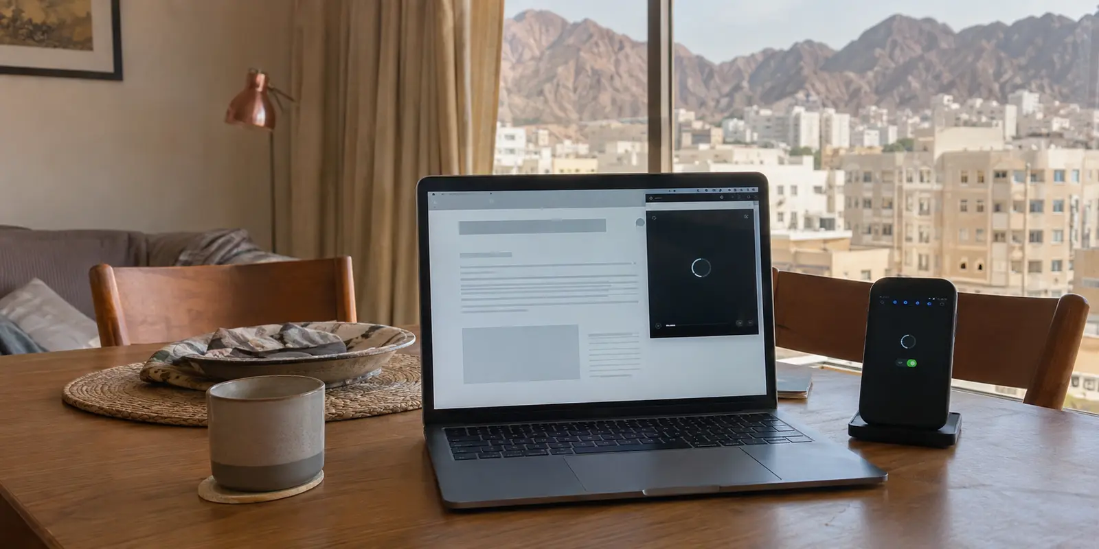 حاسوب وهاتف على طاولة شقة في مسقط أثناء اختبار شبكتين مختلفتين