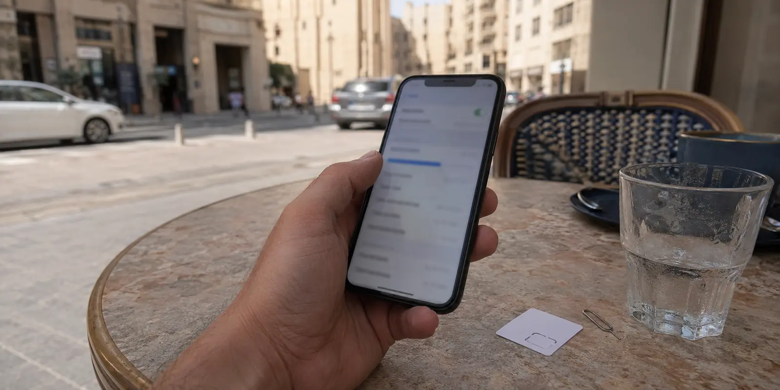 مسافر يراجع استهلاك بيانات الهاتف على طاولة مقهى في الدوحة