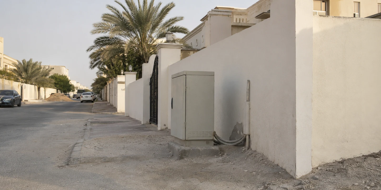 صندوق اتصالات منزلي بجوار سور في حي سكني بحريني