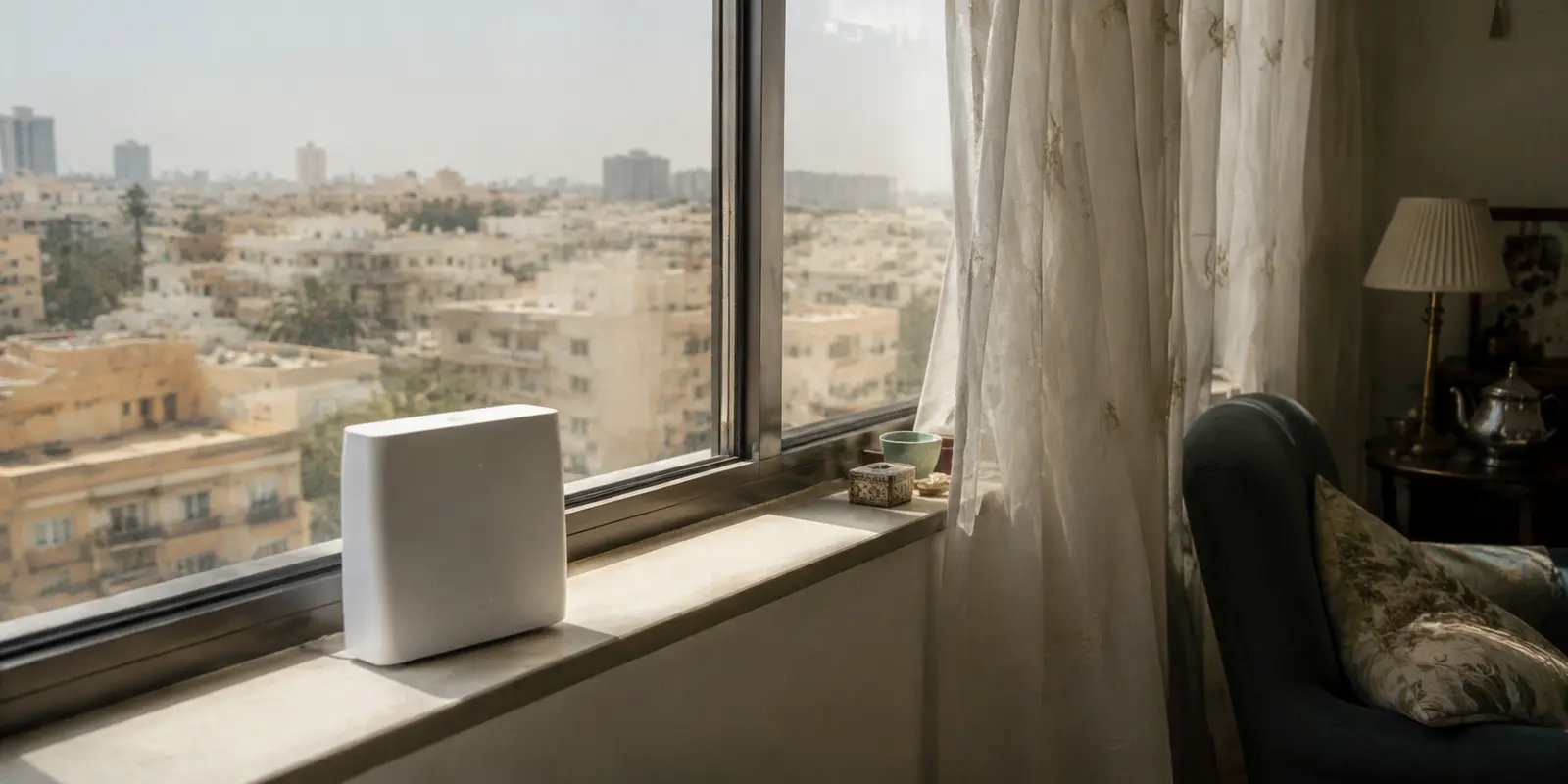 راوتر منزلي للجيل الخامس بجوار نافذة تطل على مدينة سعودية