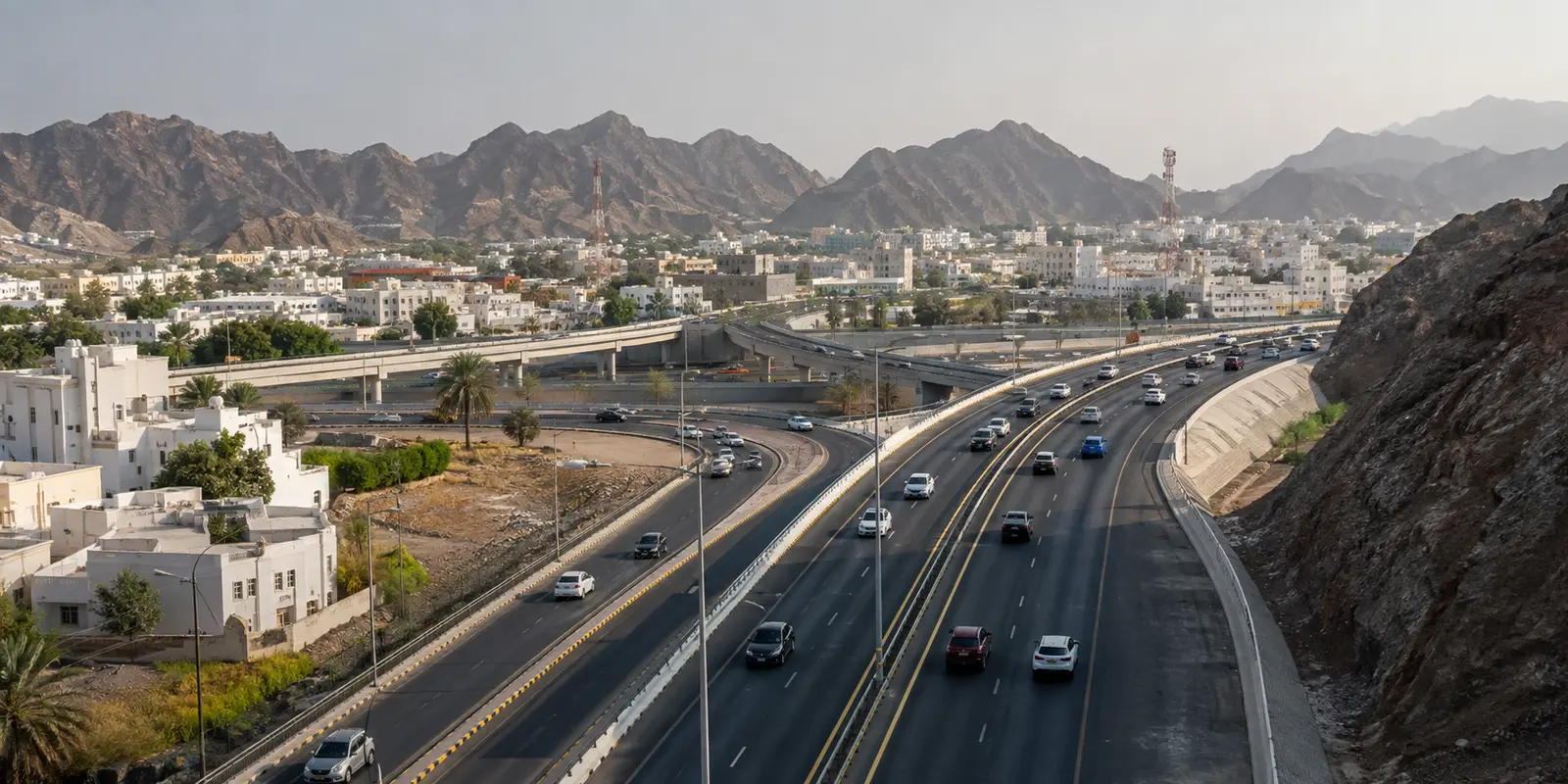 طرق متفرعة تمر عبر مدينة مسقط بين المباني والجبال