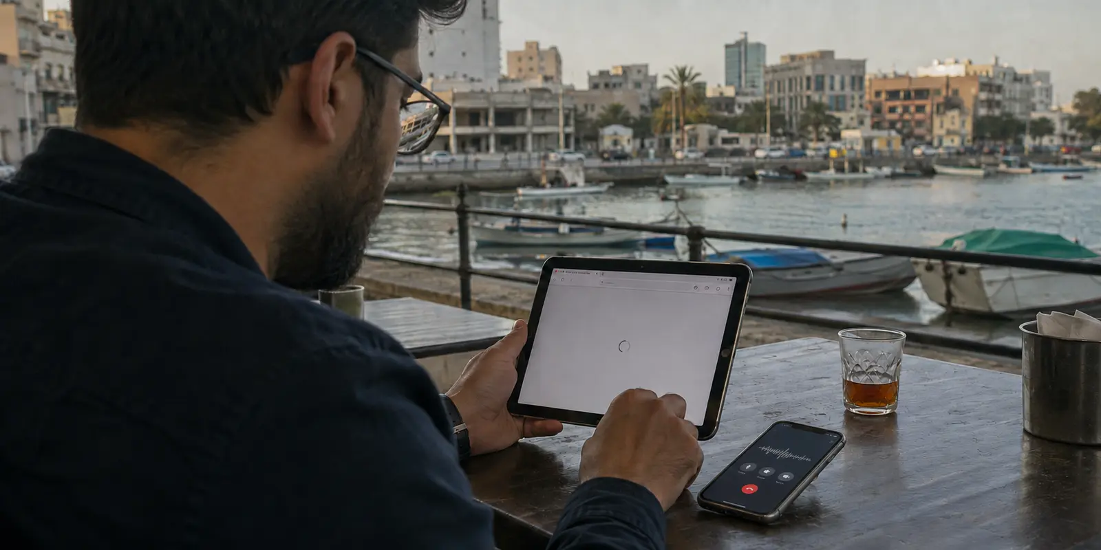 مسافر في مقهى بالمنامة أمام صفحة لا تفتح بينما تستمر مكالمته