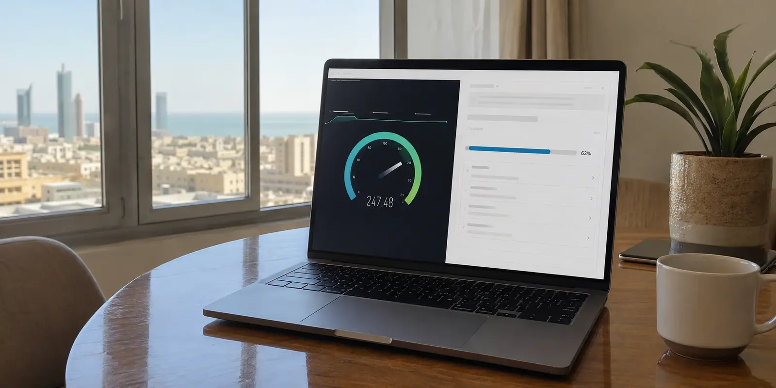 حاسوب في الكويت يعرض اتصالًا سريعًا بينما تتوقف لوحة عمل خارجية أثناء التحميل