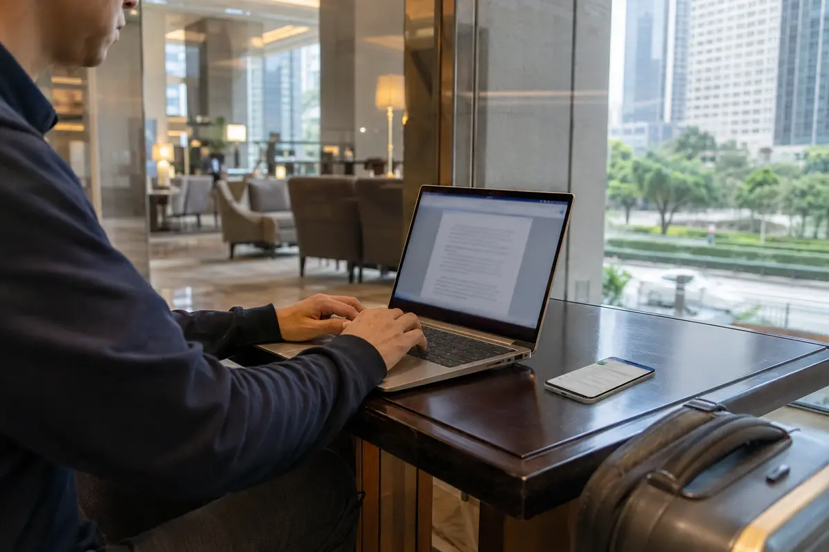 مسافر يعمل على لابتوب في ردهة فندق بينما يحتفظ الهاتف باتصال خلوي مستقل