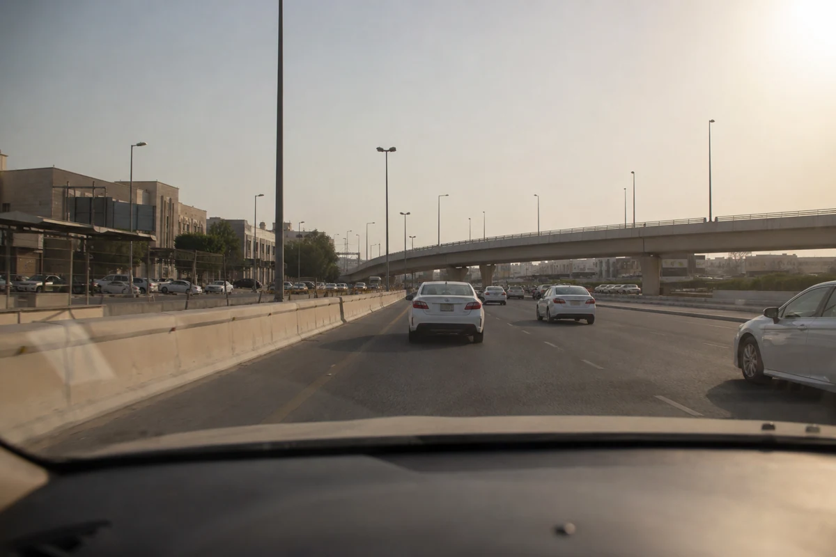 طريق حضري مزدحم في الكويت كما يبدو من داخل سيارة متحركة