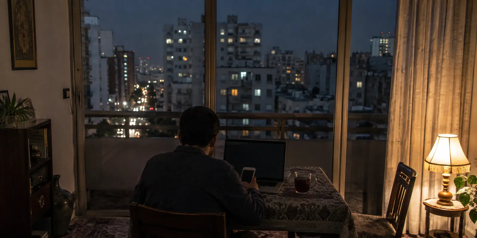 مسافر يعمل ليلًا أمام أفق مدينة مزدحمة