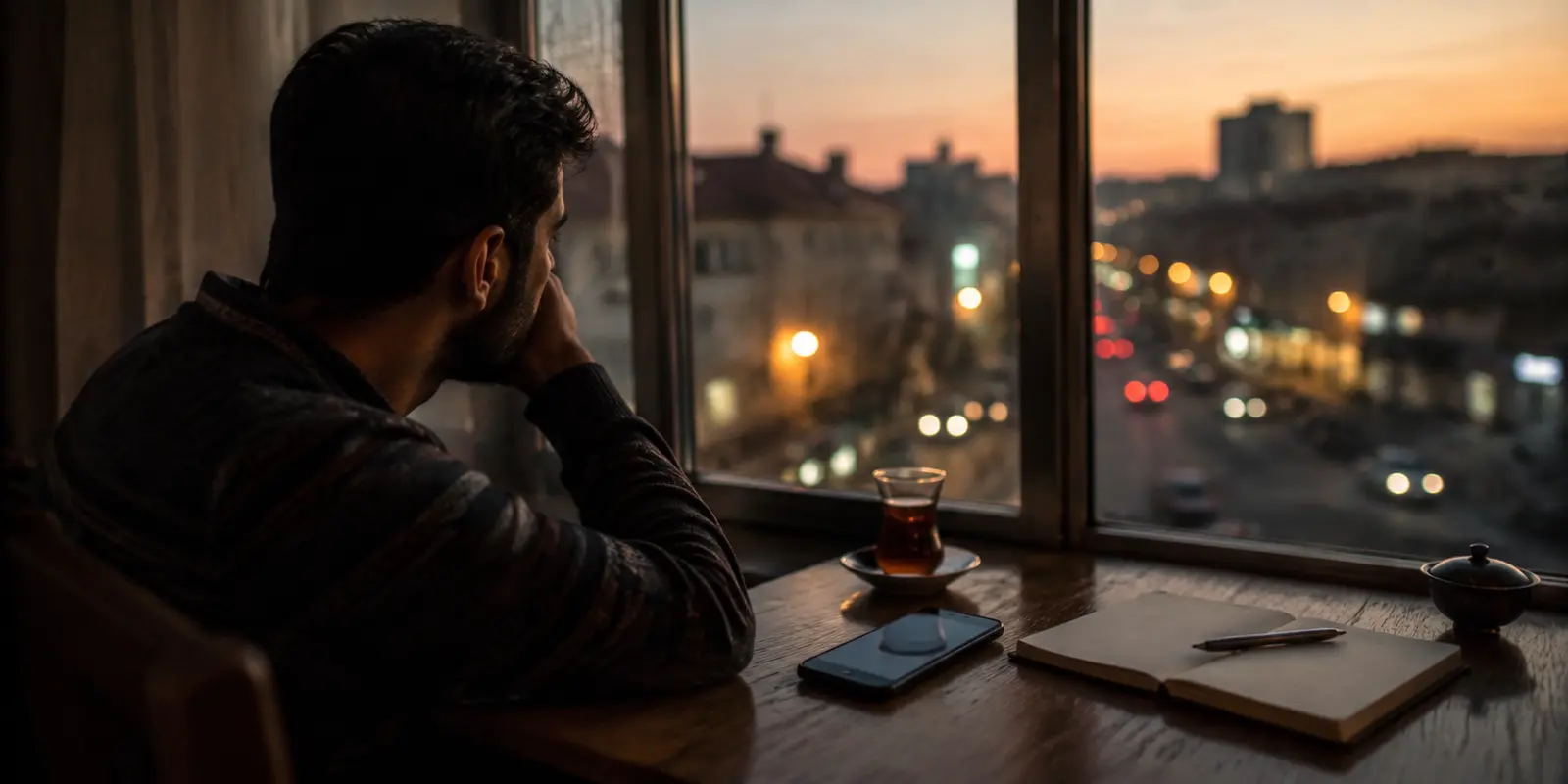مسافر ينتظر رسالة على هاتفه أمام مدينة عند الغروب