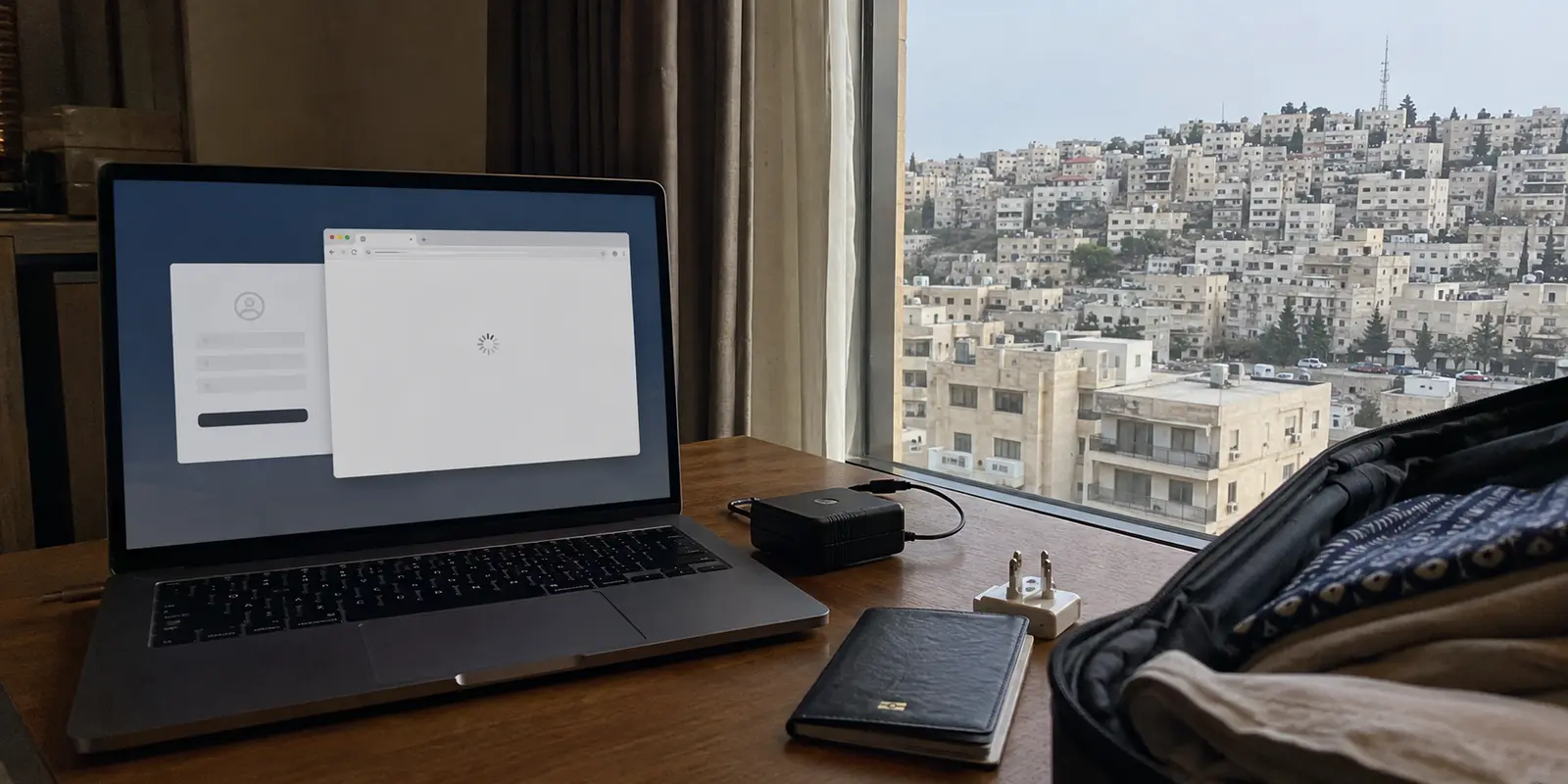 لابتوب في فندق بعمّان عالق عند صفحة تسجيل الدخول للمزود