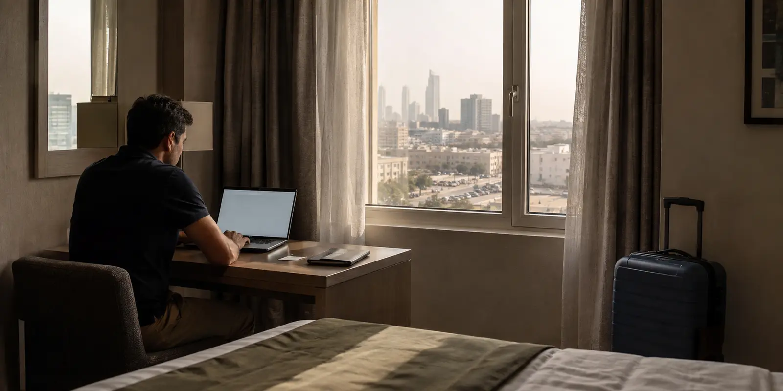 مسافر يحاول فتح صفحة تسجيل الدخول إلى VPN في غرفة فندق بالمنامة