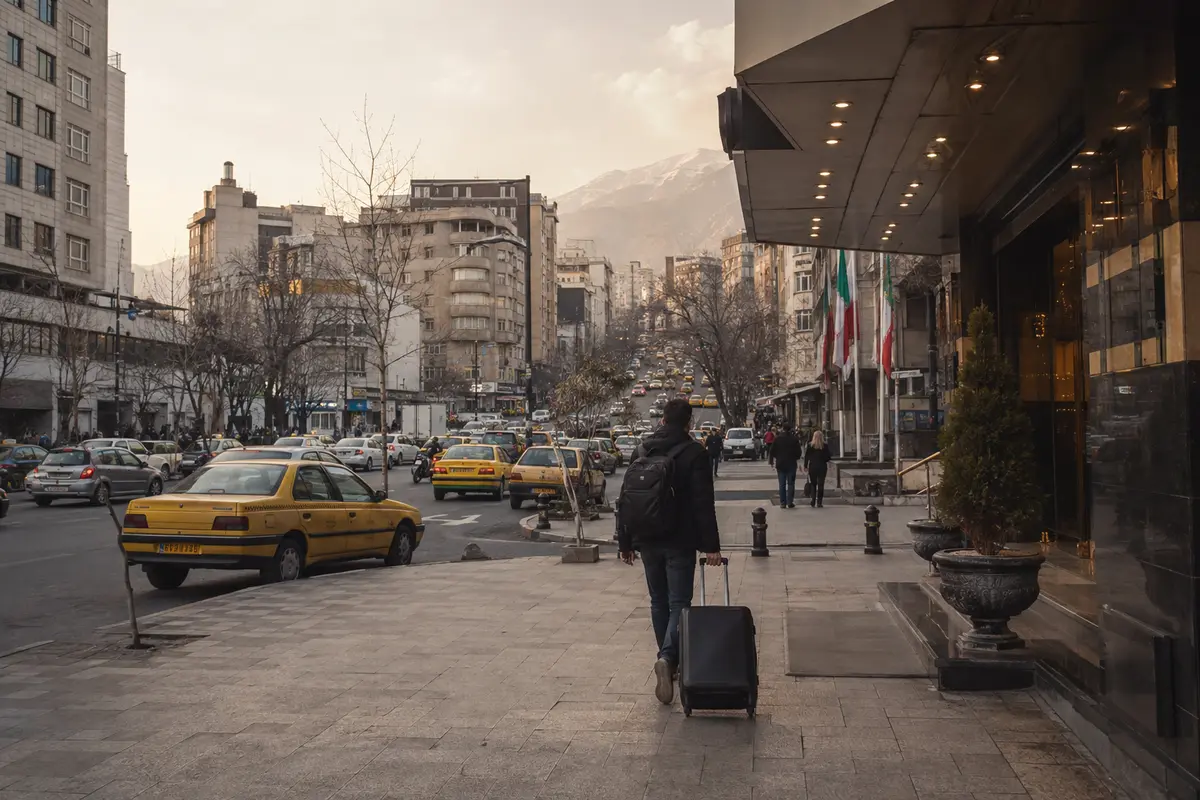 مسافر يصل بحقيبته إلى شارع مزدحم في طهران